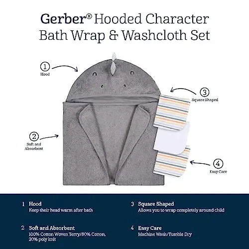 Gerber Baby 4 Piece Animal Character Hooded Towel and Washcloth Set, Charcoal Dino, One Size - 6
