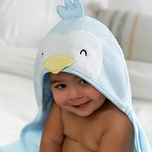 Gerber Baby 4 Piece Animal Character Hooded Towel and Washcloth Set, Blue Penguin, One Size - 4