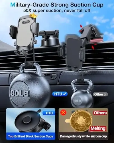 HTU [True Military-Grade] 2025 Upgraded Car Phone Holder 【Safety Certs & No Smell】 Cell Phone Holder for Car Mount for Dashboard Windshield Air Vent Long Arm Thick Case,Grey - 2