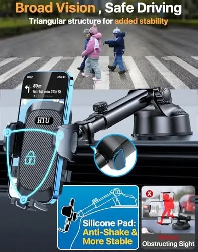 HTU Car Phone Holder【2026 Upgraded 100+LBS Suction & Safety Cert】 Cell Phone Car Mount for Truck Heavy Duty Phone Holder for Dashboard/Windshield/Vent for iPhone 17 16 Pro Max, Dark Black 