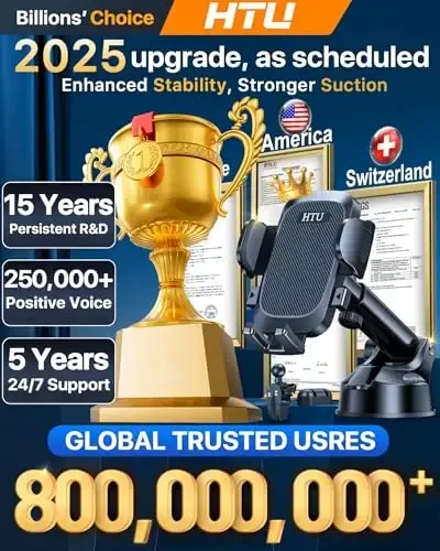 HTU [True Military-Grade] 2025 Upgraded Car Phone Holder 【Safety Certs & No Smell】 Cell Phone Holder for Car Mount for Dashboard Windshield Air Vent Long Arm Thick Case,Black - 3