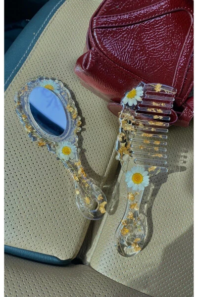 Gerçek Kurutulmuş Papatyadan Tasarım Tarak Ve Ayna Seti Hediyelik, Çeyizlik - Modazone (1)