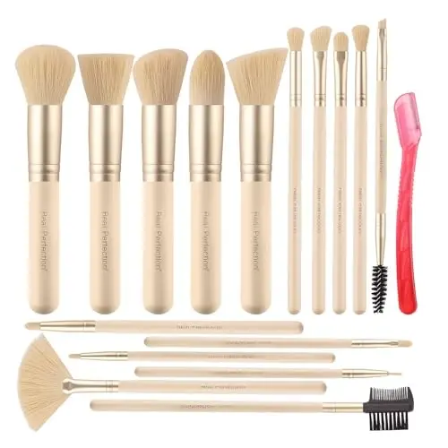 Real Perfection Makeup Brush Set 16 Pcs with 1 Eyebrow Razor Premium Synthetic Foundation Powder Concealers Eyeshadow Blush Makeup Brushes Make up Brushes Kit (Beige) - REAL