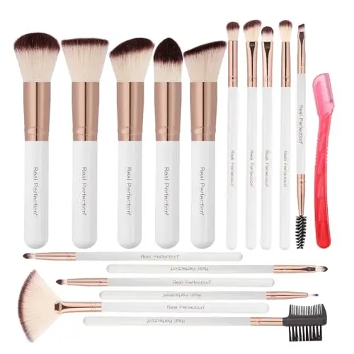 Real Perfection Makeup Brush Set 16 Pcs with 1 Eyebrow Razor Premium Synthetic Foundation Powder Concealers Eyeshadow Blush Makeup Brushes Make up Brushes Kit (White) - REAL