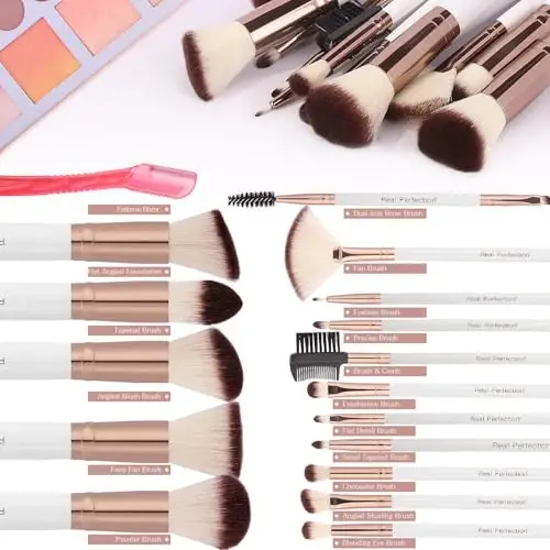 Real Perfection Makeup Brush Set 16 Pcs with 1 Eyebrow Razor Premium Synthetic Foundation Powder Concealers Eyeshadow Blush Makeup Brushes Make up Brushes Kit (White) - 2