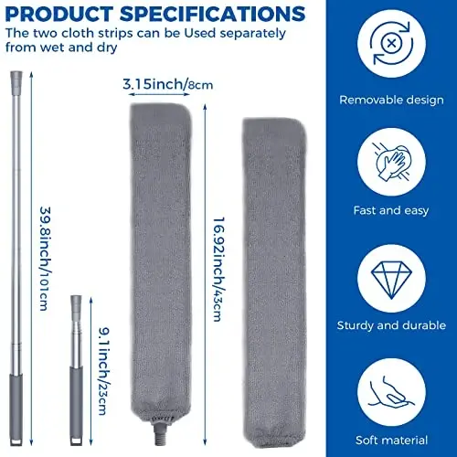 Retractable Gap Dust Cleaner Cleaning Tools with 2 Microfiber Dusting Cloths Long Handle 60inches Washable and Retractable Duster Brush for Cleaning Under Appliances Furniture Couch Fridge - 2