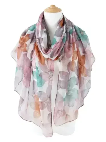 GERINLY Lightweight Scarves Fashion Flowers Print Women Cotton Wrap Scarf Head Shawl Winter Gift - 3