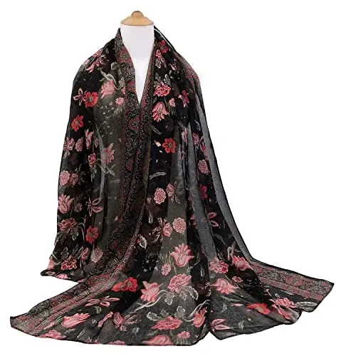 GERINLY Lightweight Scarves Fashion Flowers Print Women Cotton Wrap Scarf Head Shawl Winter Gift - 2