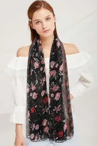 GERINLY Lightweight Scarves Fashion Flowers Print Women Cotton Wrap Scarf Head Shawl Summer Gift - GERINLY