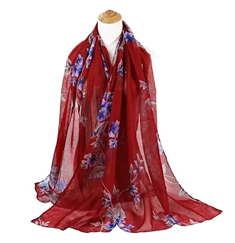 GERINLY Lightweight Scarves Fashion Flowers Print Women Cotton Wrap Scarf Head Shawl Fall Gift - 5