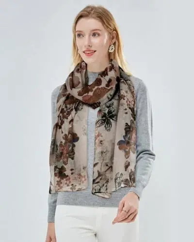 GERINLY Lightweight Scarves Fashion Flowers Print Women Cotton Wrap Scarf Head Shawl Fall Gift - 6