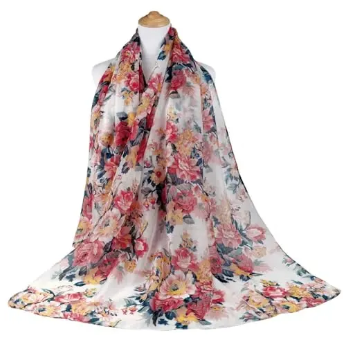 GERINLY Lightweight Scarves Fashion Flowers Print Women Cotton Wrap Scarf Head Shawl Winter Gift - 5