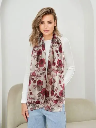 GERINLY Lightweight Scarves Fashion Flowers Print Women Cotton Wrap Scarf Head Shawl Winter Gift - 5