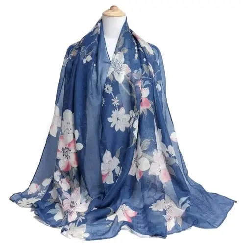 GERINLY Lightweight Scarves Fashion Flowers Print Women Cotton Wrap Scarf Head Shawl Winter Gift - 5