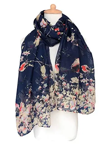 GERINLY Scarfs for Women Lightweight Floral Birds Print Cotton Scarves and Wraps for Fall Shawl - 4