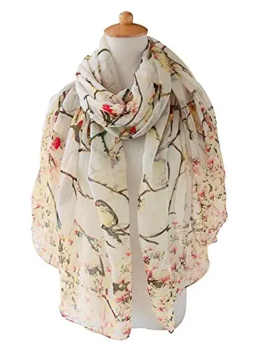 GERINLY Scarfs for Women Lightweight Floral Birds Print Cotton Scarves and Wraps for Summer Shawl - 4