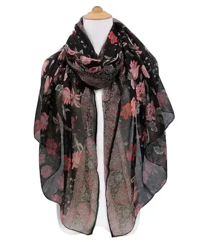 GERINLY Lightweight Scarves Fashion Flowers Print Women Cotton Wrap Scarf Head Shawl Fall Gift - 5