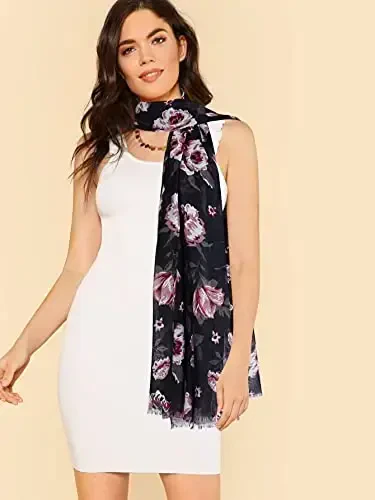 GERINLY Lightweight Scarves Fashion Flowers Print Women Cotton Wrap Scarf Head Shawl Fall Gift - 3