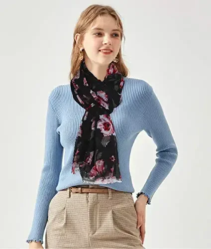 GERINLY Lightweight Scarves Fashion Flowers Print Women Cotton Wrap Scarf Head Shawl Fall Gift - 6