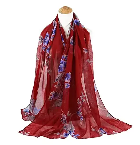 GERINLY Lightweight Scarves Fashion Flowers Print Women Cotton Wrap Scarf Head Shawl Fall Gift - 5