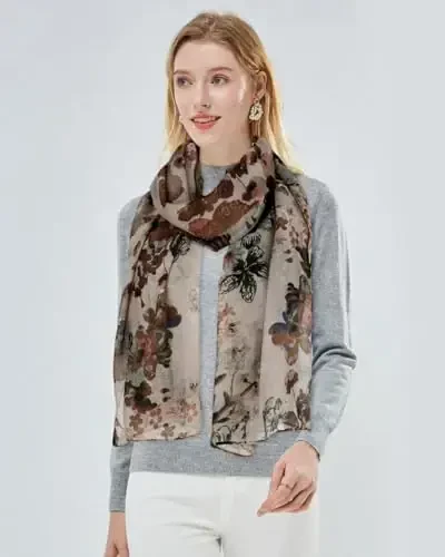 GERINLY Lightweight Scarves Fashion Flowers Print Women Cotton Wrap Scarf Head Shawl Fall Gift - 6