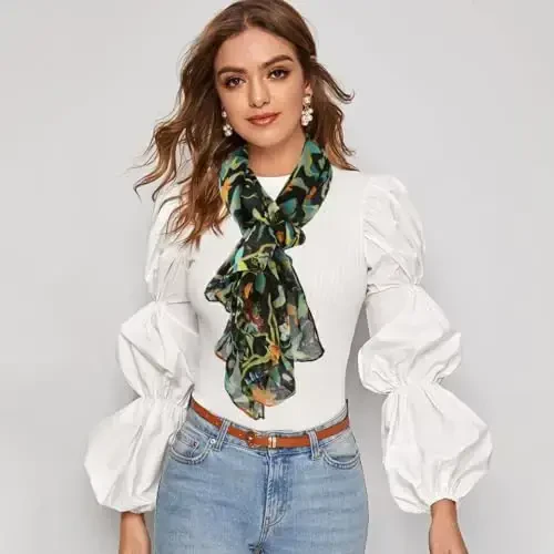 GERINLY Scarfs for Women Lightweight Floral Birds Print Cotton Scarves and Wraps for Fall Shawl - 2