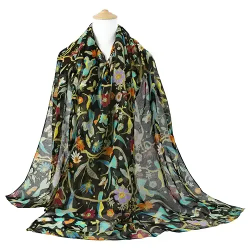 GERINLY Scarfs for Women Lightweight Floral Birds Print Cotton Scarves and Wraps for Fall Shawl - 4