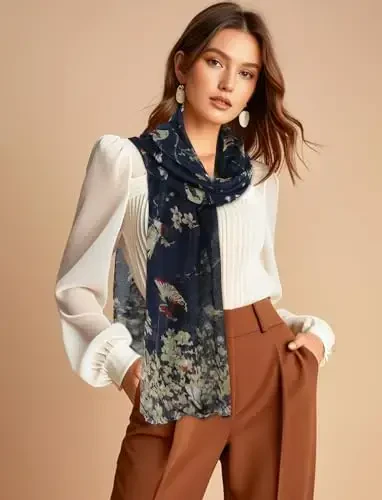 GERINLY Scarfs for Women Lightweight Floral Birds Print Cotton Scarves and Wraps for Summer Shawl - 2