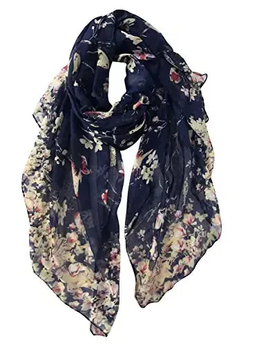 GERINLY Scarfs for Women Lightweight Floral Birds Print Cotton Scarves and Wraps for Summer Shawl - 3