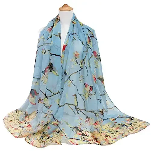 GERINLY Scarfs for Women Lightweight Floral Birds Print Cotton Scarves and Wraps for Winter Shawl - MODAZONE