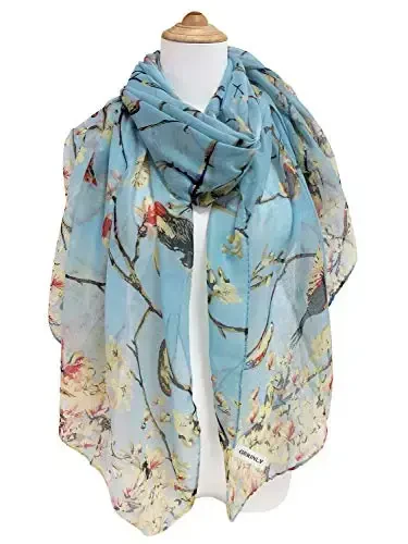 GERINLY Scarfs for Women Lightweight Floral Birds Print Cotton Scarves and Wraps for Winter Shawl - 3