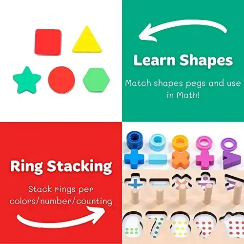 GeroCrew Wooden Montessori Toys for Kids Toddler Number Puzzles Sorter Counting Shape Stacker Stacking Game Preschool Toys for Boy Girl Learning Education Math Blocks Year Old Girl Gifts (Rainbow) - 5