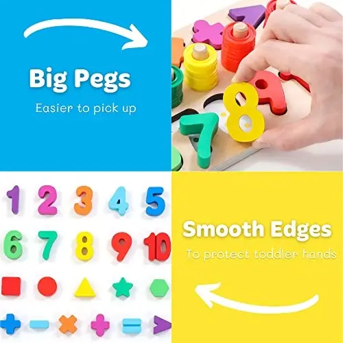 GeroCrew Wooden Montessori Toys for Kids Toddler Number Puzzles Sorter Counting Shape Stacker Stacking Game Preschool Toys for Boy Girl Learning Education Math Blocks Year Old Girl Gifts (Rainbow) - 2