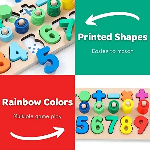GeroCrew Wooden Montessori Toys for Kids Toddler Number Puzzles Sorter Counting Shape Stacker Stacking Game Preschool Toys for Boy Girl Learning Education Math Blocks Year Old Girl Gifts (Rainbow) - 3