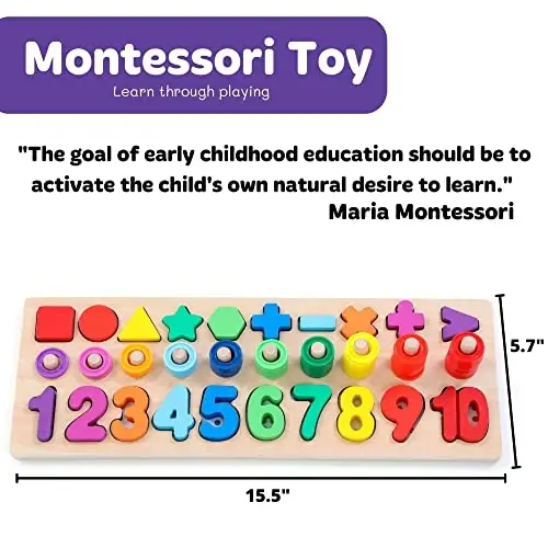 GeroCrew Wooden Montessori Toys for Kids Toddler Number Puzzles Sorter Counting Shape Stacker Stacking Game Preschool Toys for Boy Girl Learning Education Math Blocks Year Old Girl Gifts (Rainbow) - 6