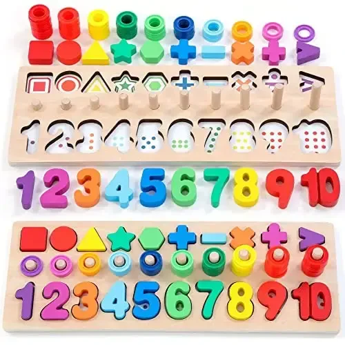 GeroCrew Wooden Montessori Toys for Kids Toddler Number Puzzles Sorter Counting Shape Stacker Stacking Game Preschool Toys for Boy Girl Learning Education Math Blocks Year Old Girl Gifts (Rainbow) - 1