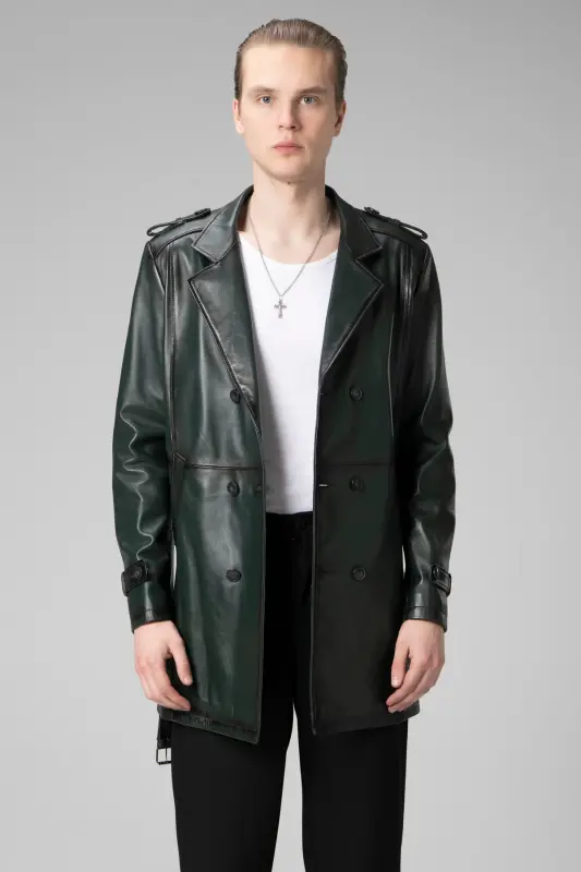 Getafe Erkek Kruvaze Yaka Hakiki Deri Trençkot Yeşil-YEŞİL - 1