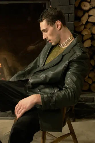 Getafe Erkek Kruvaze Yaka Hakiki Deri Trençkot Yeşil-YEŞİL - 5