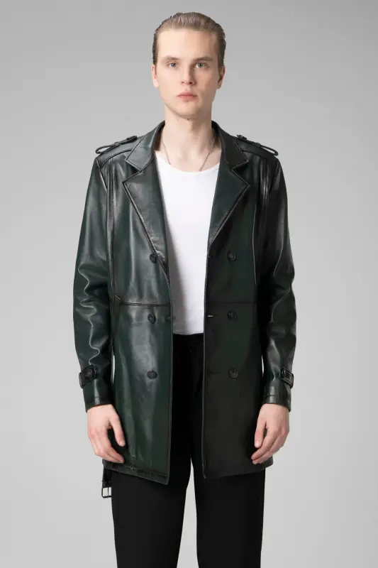 Getafe Erkek Kruvaze Yaka Hakiki Deri Trençkot Yeşil-YEŞİL - 2