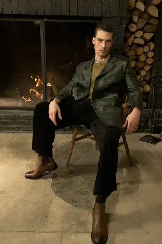 Getafe Erkek Kruvaze Yaka Hakiki Deri Trençkot Yeşil-YEŞİL - 4