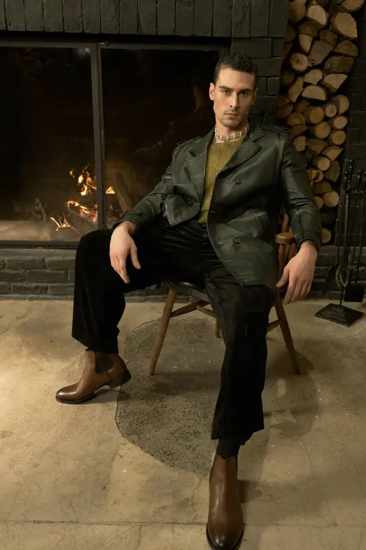 Getafe Erkek Kruvaze Yaka Hakiki Deri Trençkot Yeşil-YEŞİL - 4