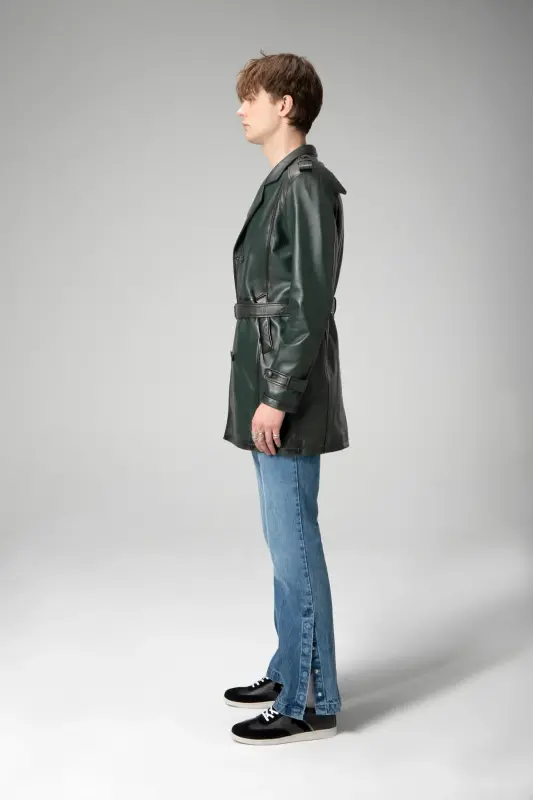 Getafe Erkek Kruvaze Yaka Hakiki Deri Trençkot Yeşil-YEŞİL - 9