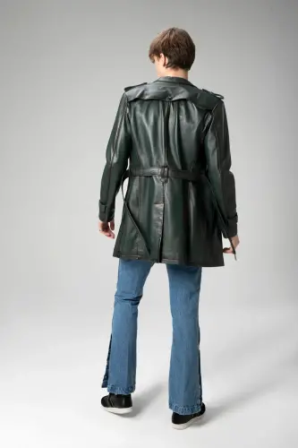 Getafe Erkek Kruvaze Yaka Hakiki Deri Trençkot Yeşil-YEŞİL - 11