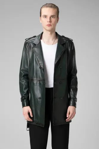 Getafe Erkek Kruvaze Yaka Hakiki Deri Trençkot Yeşil-YEŞİL - DERICLUB (1)