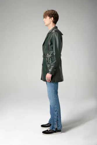 Getafe Erkek Kruvaze Yaka Hakiki Deri Trençkot Yeşil-YEŞİL - 10