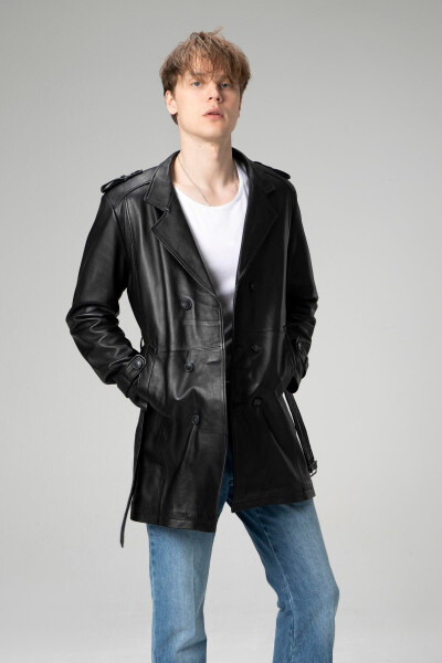 Getafe Men's Double-Breasted Real Leather Trench Coat Black - 5