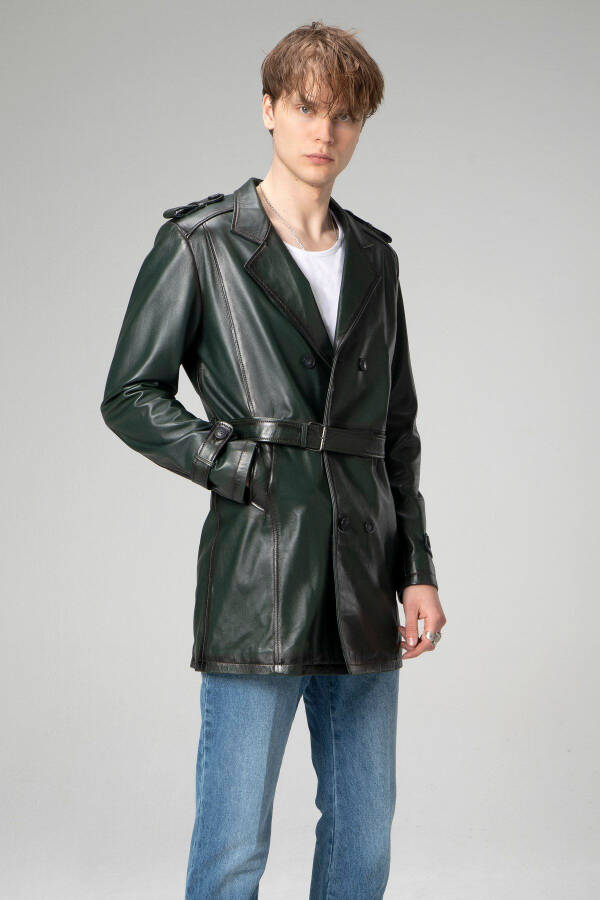 Getafe Men's Double Breasted Real Leather Trench Coat Green - 4