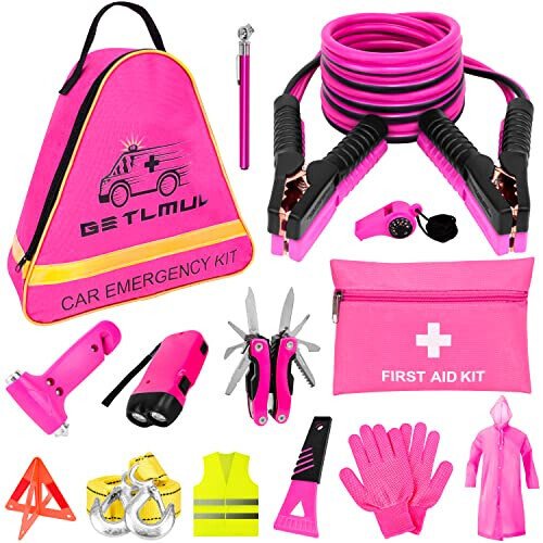 GETLMUL Pink Car Emergency Kit, Premium Roadside Emergency Car Accessories Kit with Jumper Cables, Flashlight, Shovel, Screwdriver Set, etc Car Accessories for Women - GETLMUL