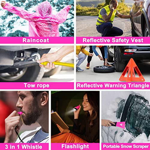 GETLMUL Pink Car Emergency Kit, Premium Roadside Emergency Car Accessories Kit with Jumper Cables, Flashlight, Shovel, Screwdriver Set, etc Car Accessories for Women - 7