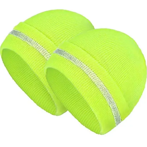 Geyoga 2 Pack Adult Reflective Knit Beanie Hats Warm Winter Headwear with Reflective Stripes for Outdoor Work, Running & More - 1